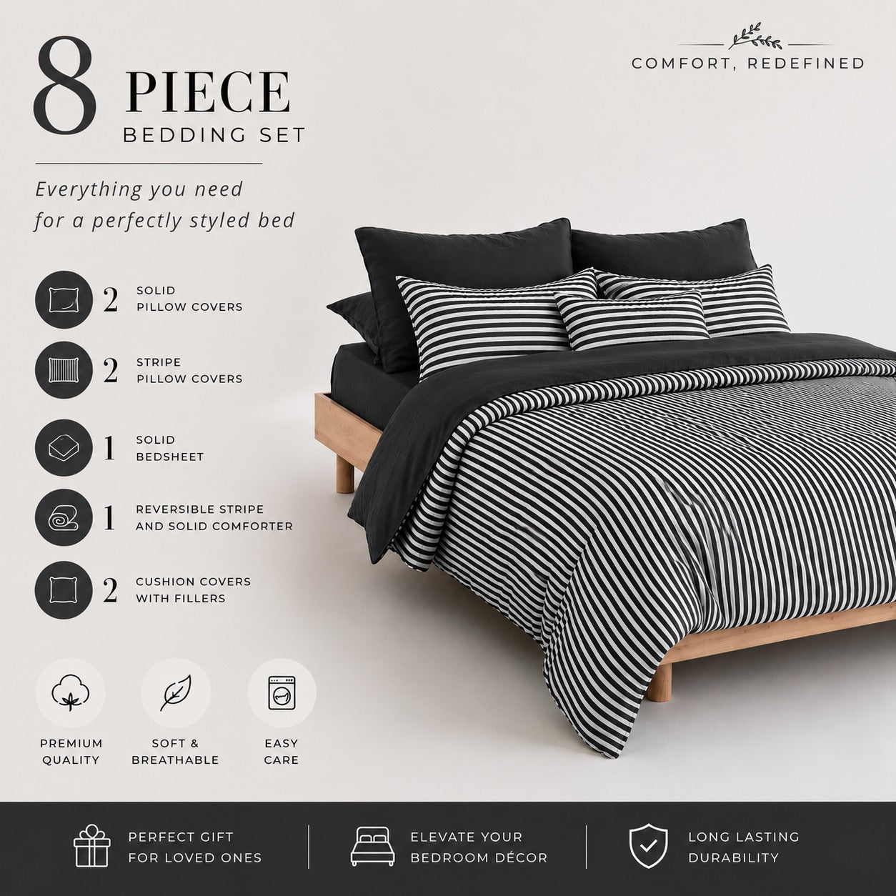 Striped Reversible 450 TC Cotton Satin Bedding Set
